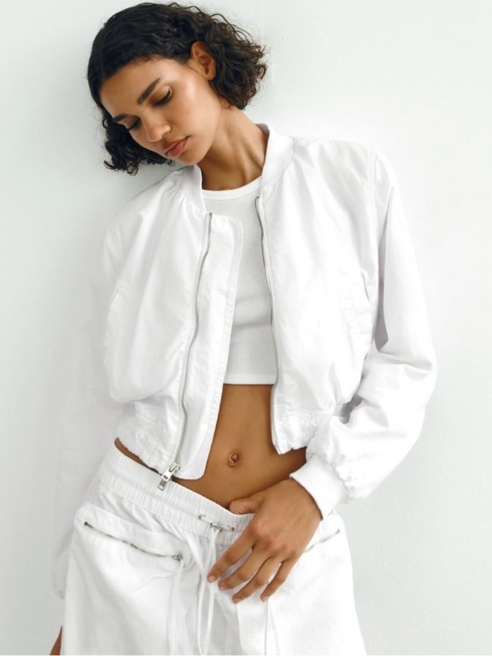 Zara White Cropped Bomber Jacket